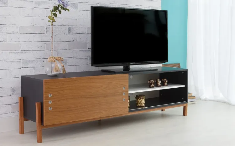 RACK TV PRETO MODERNO VINTAGE RETRÔ COM PORTA DE CORRER FREIJÓ ERIC 166x43,6x48,5 CM